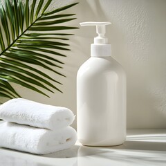 White pump dispenser bottle mockup placed on a wooden surface with tropical palm leaves in the background creating a serene and minimalist bathroom scene