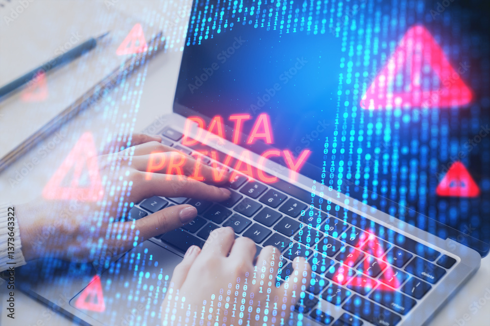 Poster Data privacy digital concept with hands typing on laptop keyboard and holographic warning symbols.