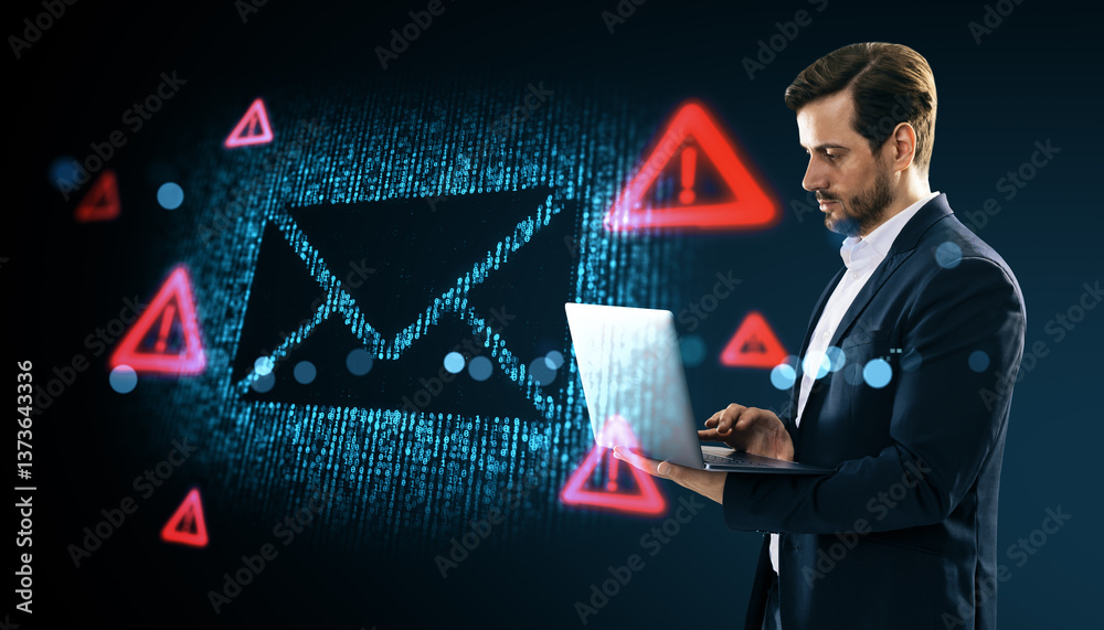 Poster businessman using laptop with glowing email security warning symbols on digital background.