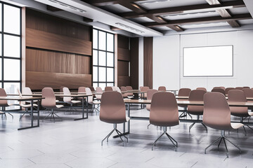 Modern corporate meeting room interior with empty poster frame on wall and neat seating layout in clean, professional office space. 3D Rendering