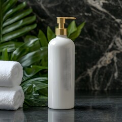 Elegant white pump bottle with a gold metallic dispenser placed amidst lush tropical foliage creating a serene and spa like atmosphere