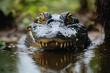 Obraz premium mysterious presence of an alligator in a swamp represents creature's tranquility subtle disturbances it creates on water's surface and harmonious cohabitation of top predators and other animals in swa