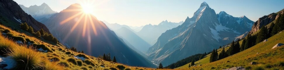 Naklejka premium sunlit valley beneath a towering mountain range, sunlight, alpine, nature