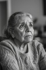 Close-up of an older woman with a deep frown and her head resting on her hand, suggesting contemplation or worry.