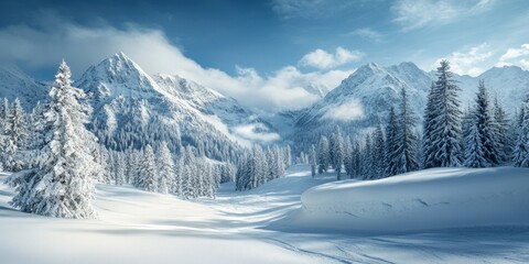 Obraz premium Snow-covered mountains and trees under a blue sky.