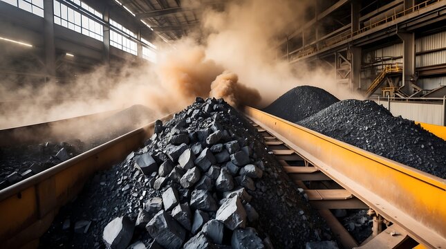 Coal transport in a factory with industrial equipment and raw material flow