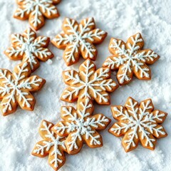 Delicate snowflake cookies on a snowy backdrop, gingerbread, baked goods