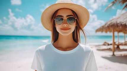 A woman in a white t shirt and sunglasses standing on a tropical beach surrounded by the turquoise ocean and clear blue sky taking in the relaxing atmosphere