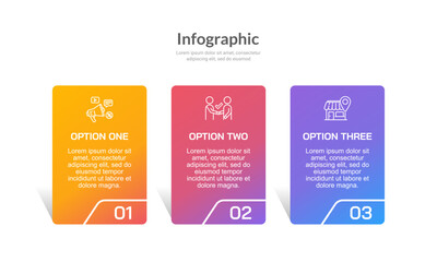 Infographic 3 options or steps for business. Presentation, Feature, Banner, Plan and Information.
