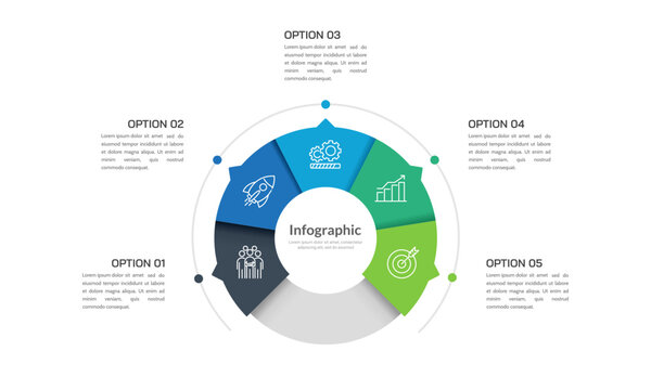 Business visualization infographic circle design template with 5 options, steps or processes. Business presentation. 