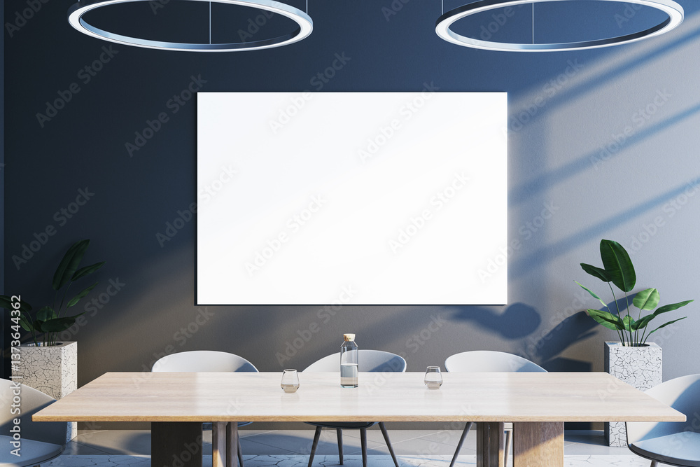 Poster modern dining room with blank canvas on dark wall. 3d rendering