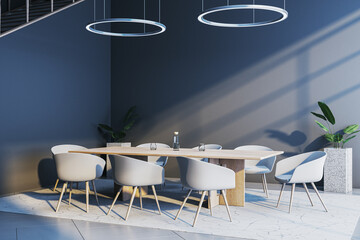 Modern dining room with elegant wooden table and stylish chairs. 3D Rendering