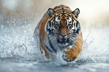 Obraz premium A fierce tiger sprinting through shallow water, showcasing its powerful motion and the natural beauty of wildlife.