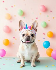 pastal emotion A cheerful dog wearing a unicorn hat surrounded by colorful balloons, perfect for party-themed pet celebrations.