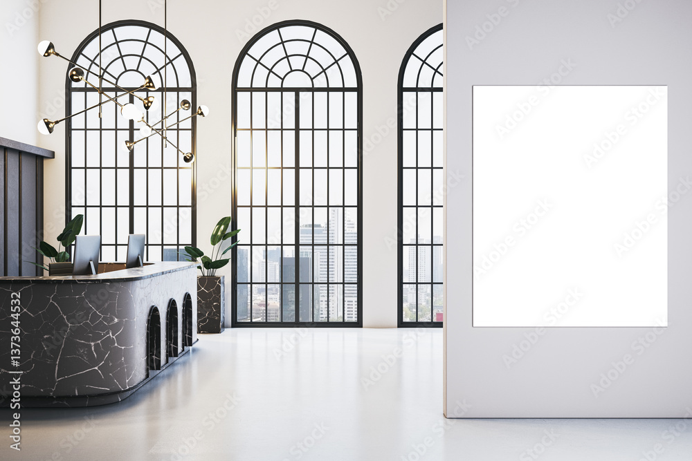 Poster modern office reception with marble desk and large vertical poster mockup on white wall. elegant wor