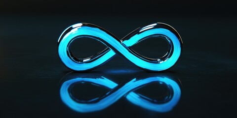 Mirrored blue and white glowing infinity sign against dark background.