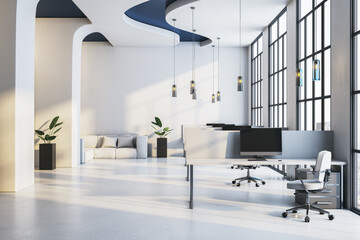 Modern office interior with large windows, open workspace, stylish furniture, and elegant lighting. 3D Rendering
