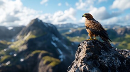 Fototapeta premium Majestic Eagle Perched on Rocky Cliff Overlooking Vast Landscape