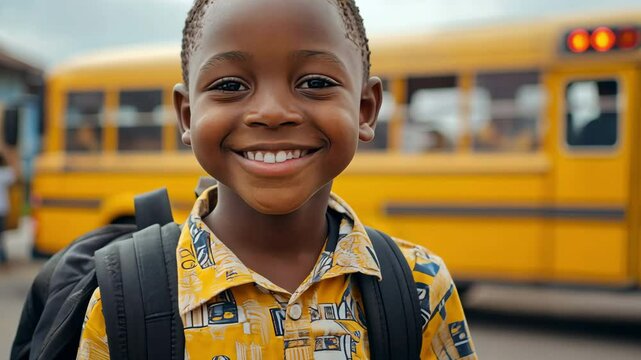 A joyful little boy waits in front of the yellow school bus while carrying his school satchel.