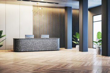Modern reception desk in luxury office lobby with wooden parquet flooring. 3D Rendering