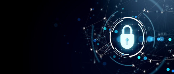Cybersecurity padlock with network connections on dark background. 3D Rendering