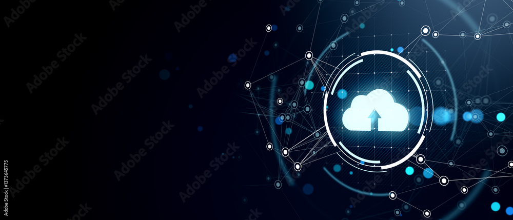 Poster Cloud upload icon with futuristic digital network connections on dark blue background. 3D Rendering
