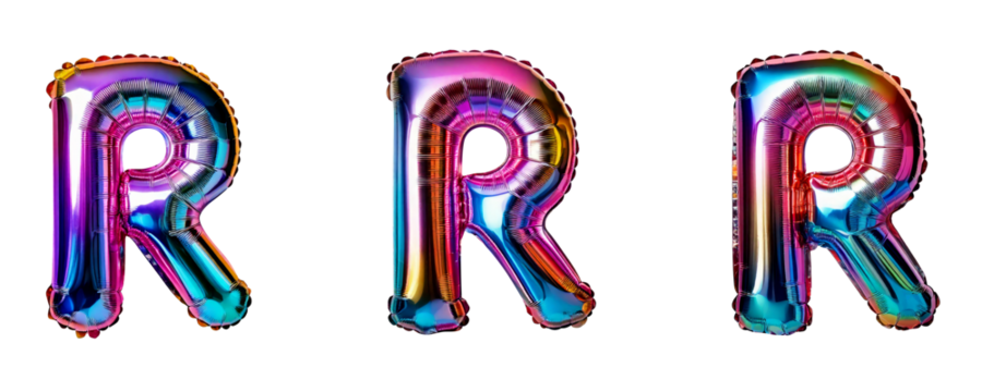 Ai Generated Set of Holographic Metallic Foil Capital R Inflated Balloon Letters against Transparent Background