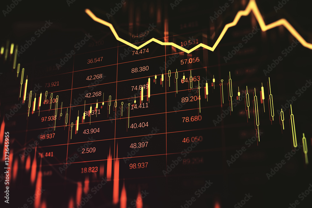 Poster financial market crash with red candlestick chart and yellow line showing downward trend on dark bac