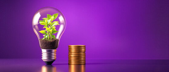 A light bulb with a green plant growing inside near a stack of gold coins on a purple background
