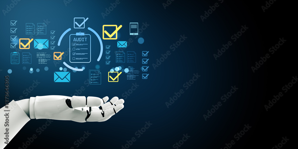 Aufkleber Robotic hand supporting audit checklist icons and digital verification symbols on dark background for business automation concept design success. 3D Rendering