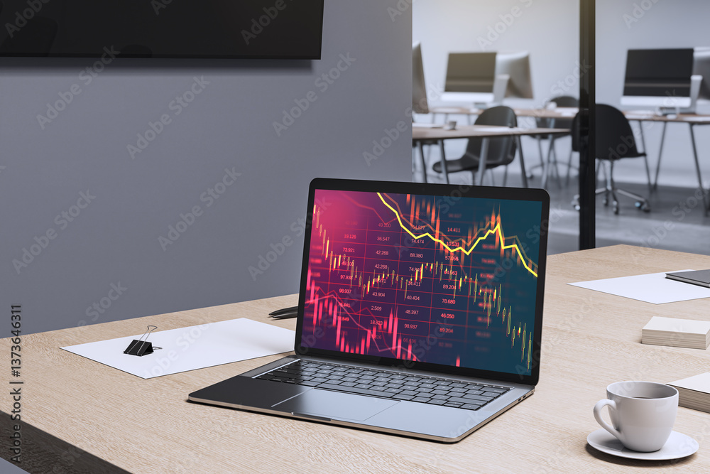 Poster laptop with stock market chart on screen placed on wooden desk in bright modern office with light ba