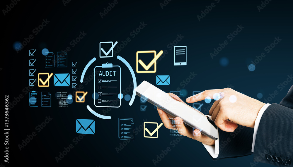 Poster businessman using tablet with virtual audit checklist, checkmarks, documents, and communication symb