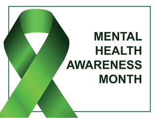 Mental Health Awareness Month. Green Awareness Ribbon on White Background. Raising awareness of mental health campaign. Vector Illustration
