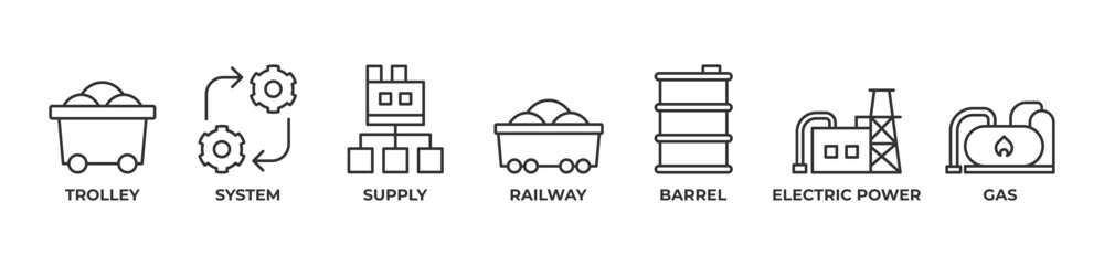 Efficient Logistics Icons set vector illustration with Trolley , System, Supply, Railway, Barrel, Electric power, Gas