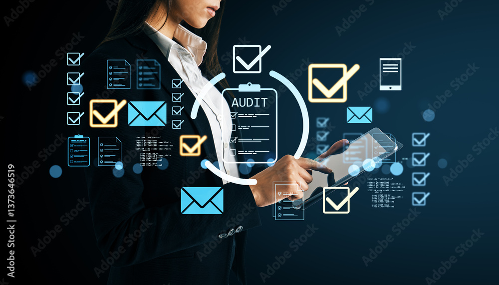 Poster businesswoman using digital tablet with audit checklist icons and technology symbols on dark backgro