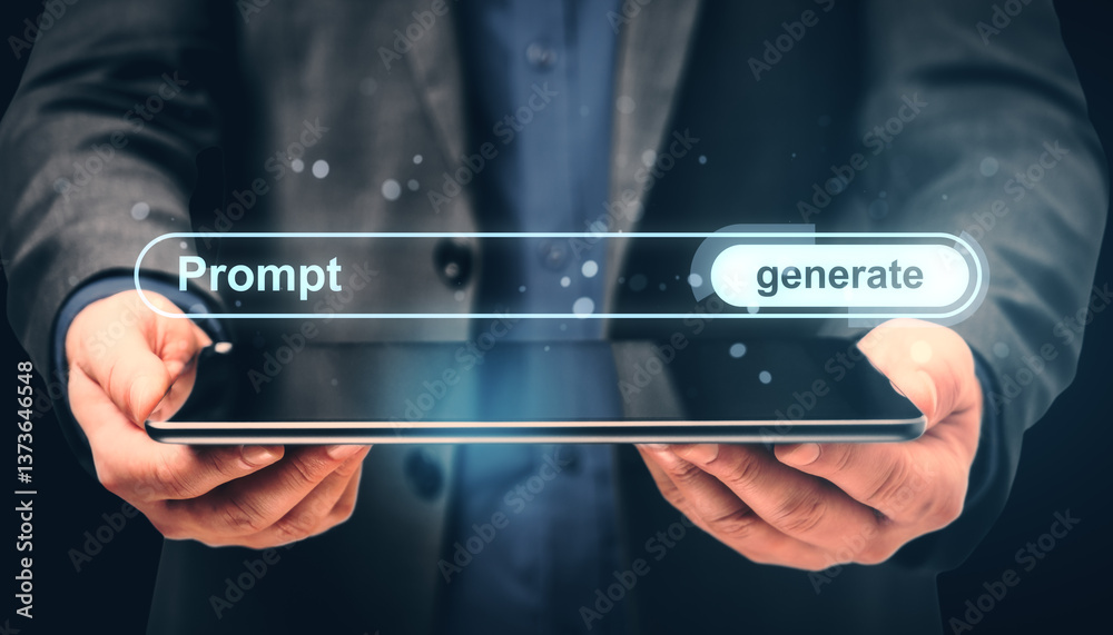 Aufkleber Businessman holding tablet with digital interface showing prompt and generate buttons in futuristic light concept on dark background.