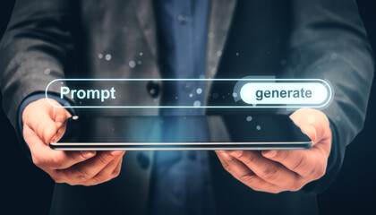 Businessman holding tablet with digital interface showing prompt and generate buttons in futuristic...