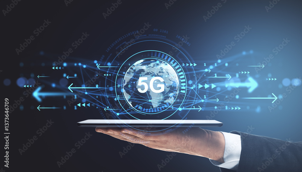 Aufkleber businessperson holding tablet with 5g globe hologram and digital arrows on dark background symbolizi