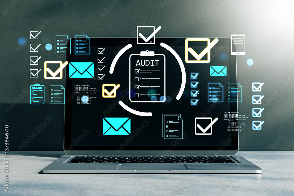 Poster Digital audit checklist interface displayed on laptop with holographic icons representing accounting and business technology on light background. 3D Rendering