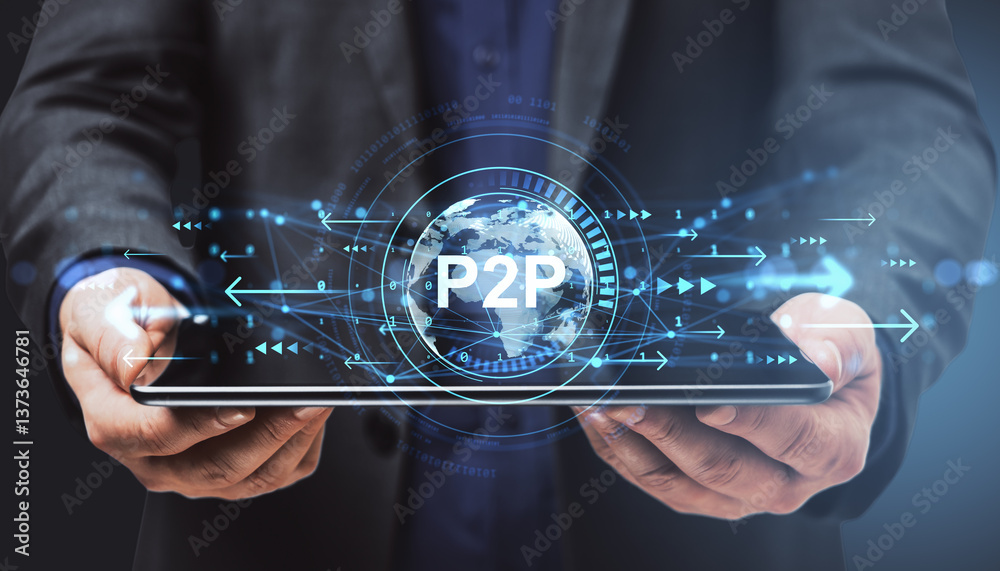 Poster businessperson holding digital tablet with futuristic p2p global network concept and data arrows in 