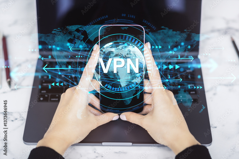 Poster Person holding smartphone with VPN hologram over laptop on marble desk in office environment with digital data network interface concept..