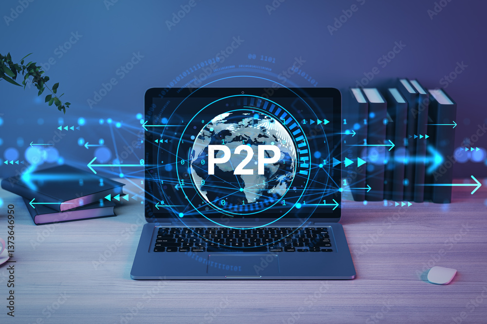 Poster futuristic digital p2p network concept with holographic globe on laptop screen over wooden desk and 