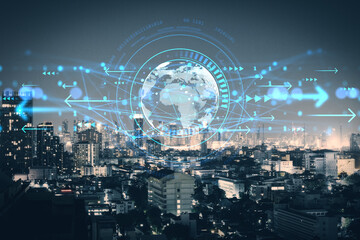 Global digital technology concept with holographic world map and network data overlay on cityscape at night showing modern information exchange.