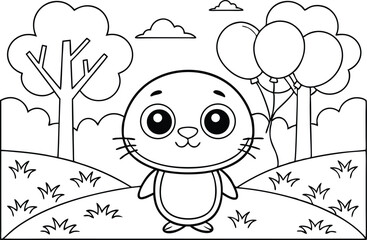 Cute Seal Cartoon Character Outline with Balloons, Trees & Clouds on White Background