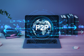 Futuristic digital P2P network concept with holographic globe on laptop screen over wooden desk and books in modern office background. 3D Rendering