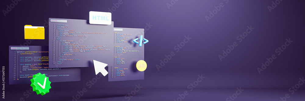 Leinwandbilder 3D rendering of floating HTML, CSS, and JavaScript code blocks with coding icons and folder symbols on a dark background for web development concept. 3D Rendering