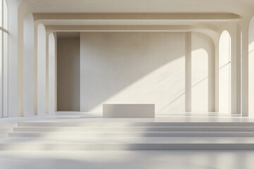 Fototapeta premium 3D empty minimalist podium in a studio setting with a plain backdrop. The podium should have a sleek, modern design with clean lines and no decorations. Use a neutral color palette