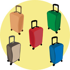 Five colorful travel suitcases on a yellow background