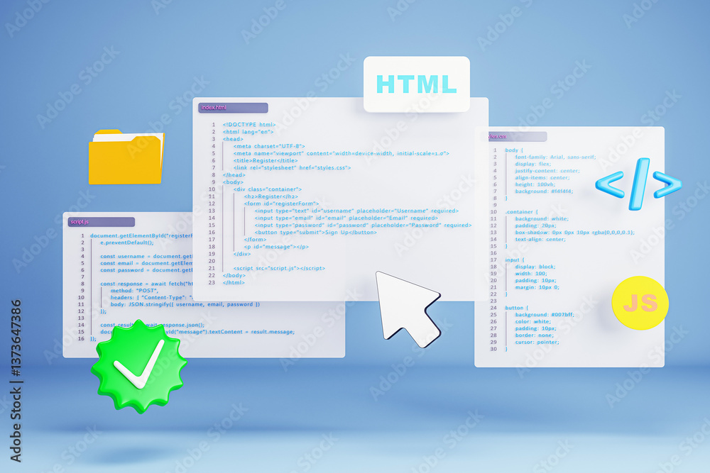 Leinwandbilder HTML, CSS and JavaScript code interface concept with floating UI elements, light icons and 3D programming symbols on blue gradient background. 3D Rendering
