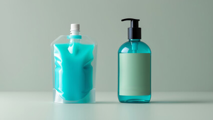 Modern packaging design featuring a liquid product in a pouch and bottle against a neutral background